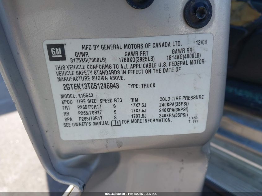 2005 GMC Sierra 1500 Slt VIN: 2GTEK13T051246943 Lot: 43668150