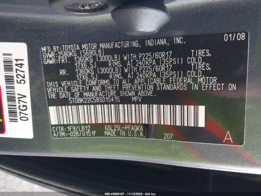 2008 Toyota Sienna Limited VIN: 5TDBK22C58S015415 Lot: 43668187