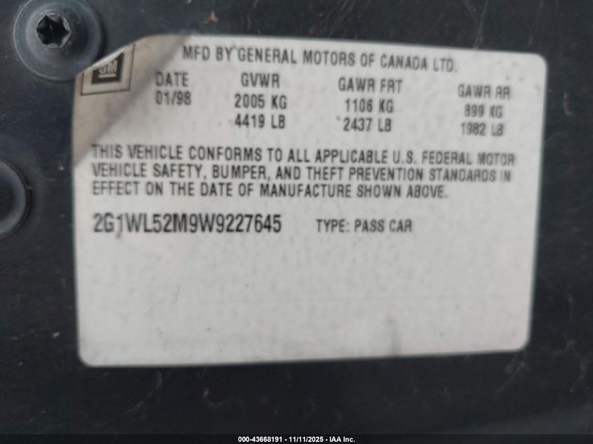 1998 Chevrolet Lumina VIN: 2G1WL52M9W9227645 Lot: 43668191