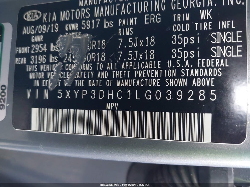 2020 KIA TELLURIDE EX 5XYP3DHC1LG039285