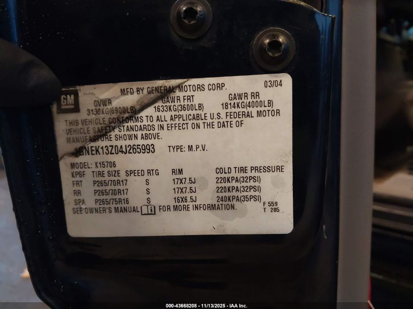 2004 Chevrolet Tahoe Lt VIN: 1GNEK13Z04J265993 Lot: 43668208