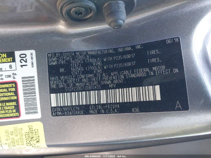 2018 Toyota Sienna Xle Premium 8 Passenger VIN: 5TDYZ3DC7JS955455 Lot: 43668209