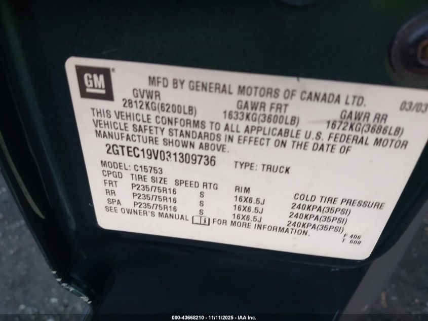 2003 GMC Sierra 1500 VIN: 2GTEC19V031309736 Lot: 43668210
