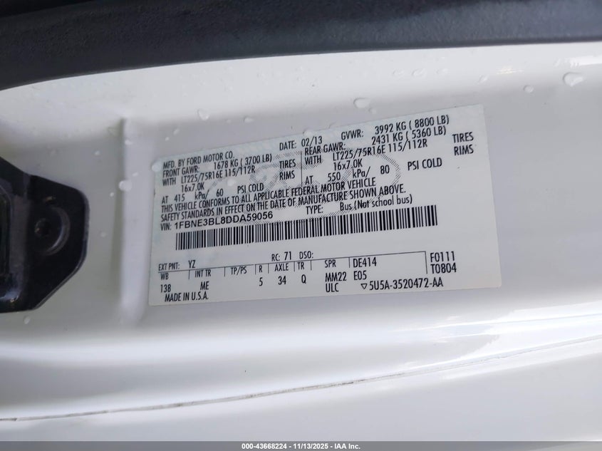 2013 Ford E-350 Super Duty Xlt VIN: 1FBNE3BL8DDA59056 Lot: 43668224