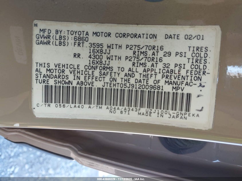 2001 Toyota Land Cruiser VIN: JTEHT05J912009681 Lot: 43668229