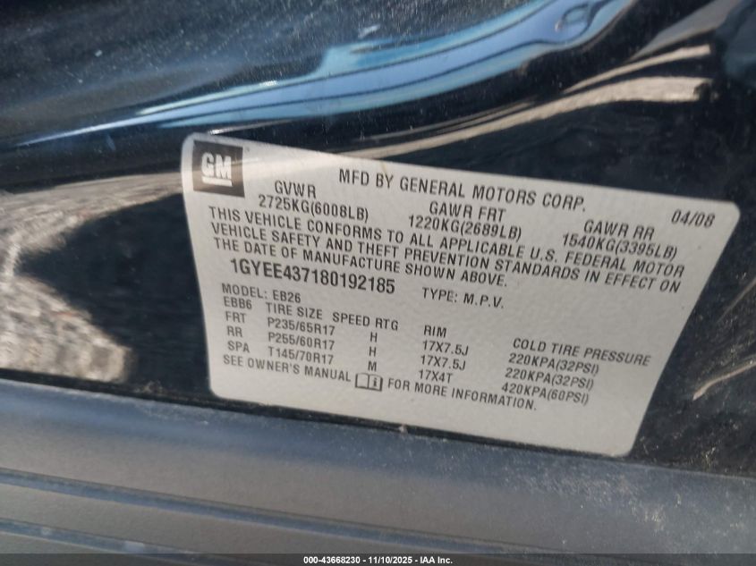 2008 Cadillac Srx V6 VIN: 1GYEE437180192185 Lot: 43668230