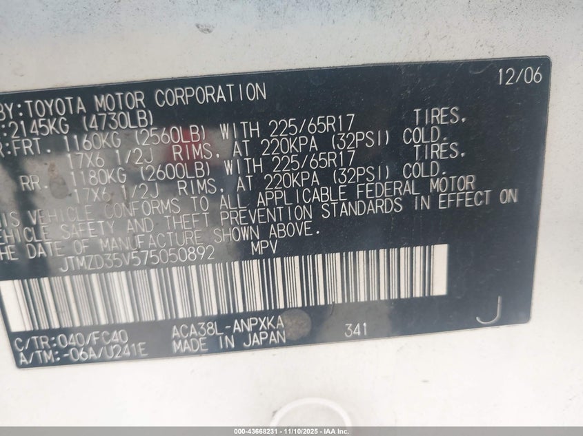 2007 Toyota Rav4 VIN: JTMZD35V575050892 Lot: 43668231