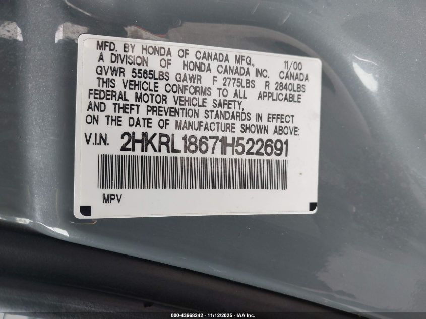 2001 Honda Odyssey Ex VIN: 2HKRL18671H522691 Lot: 43668242