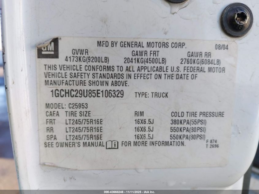2005 Chevrolet Silverado 2500Hd Ls VIN: 1GCHC29U85E106329 Lot: 43668246