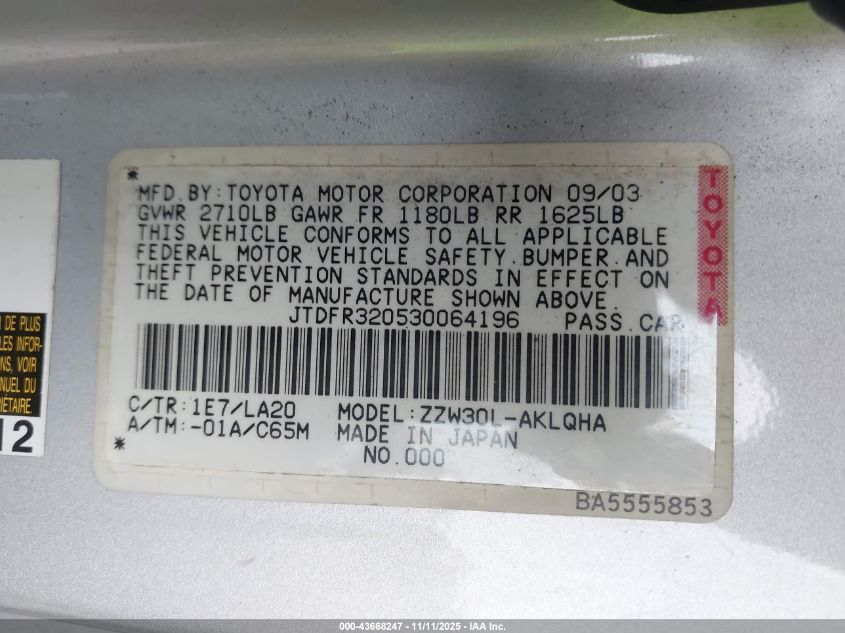 2003 Toyota Mr2 Spyder VIN: JTDFR320530064196 Lot: 43668247