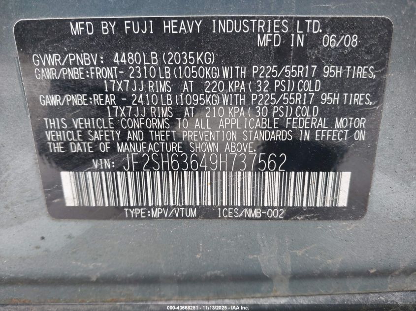 2009 Subaru Forester 2.5X VIN: JF2SH63649H737562 Lot: 43668251