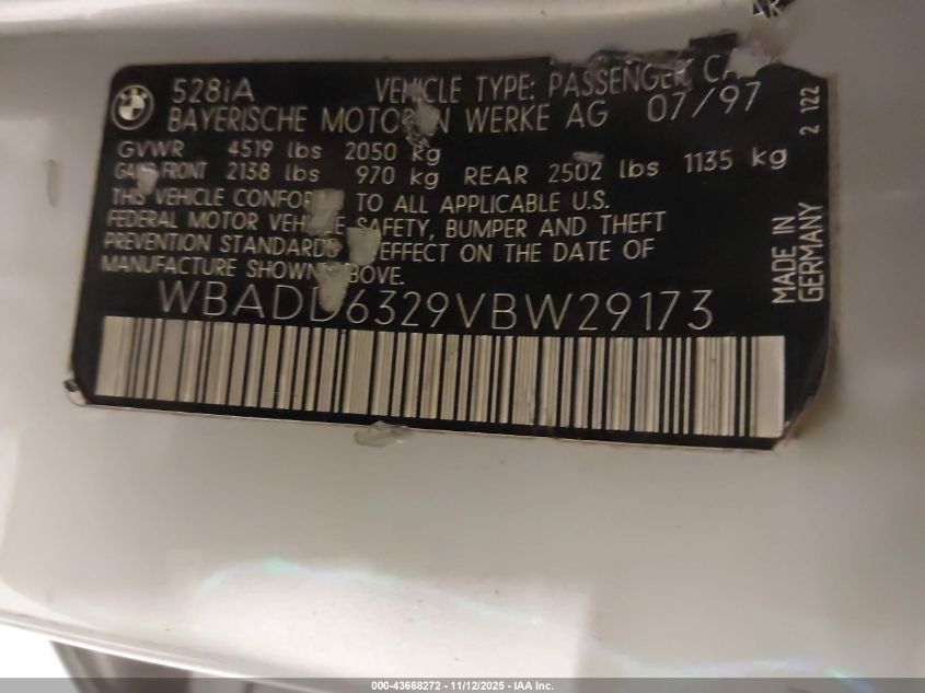 1997 BMW 528I VIN: WBADD6329VBW29173 Lot: 43668272
