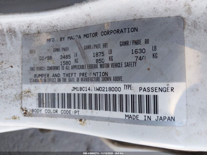 1998 Mazda Protege Dx/Lx VIN: JM1BC1411W0218000 Lot: 43668274