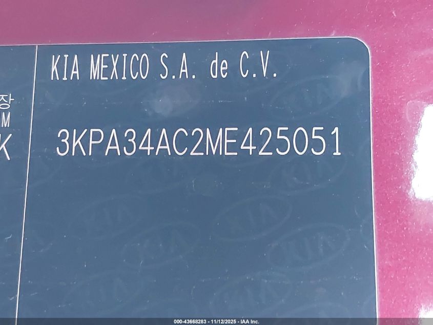 2021 Kia Rio VIN: 3KPA34AC2ME425051 Lot: 43668283