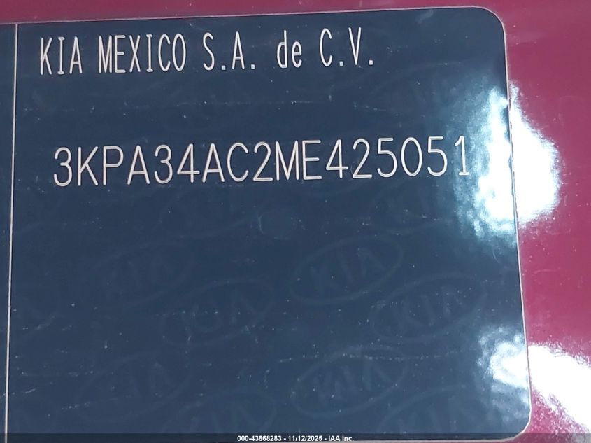 2021 Kia Rio VIN: 3KPA34AC2ME425051 Lot: 43668283