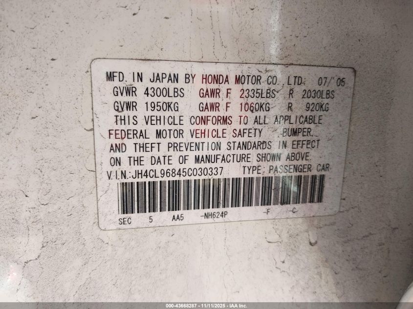 2005 Acura Tsx VIN: JH4CL96845C030337 Lot: 43668287