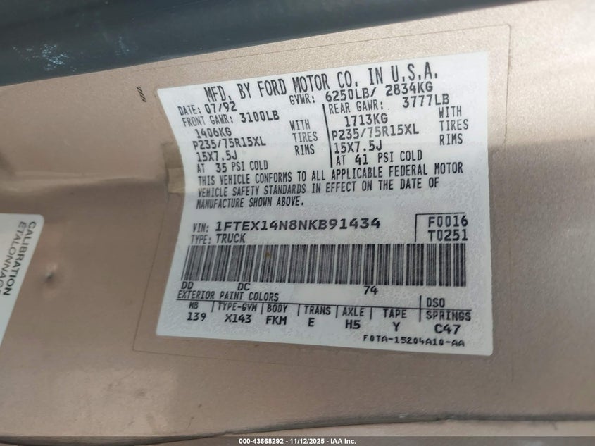 1992 Ford F150 VIN: 1FTEX14N8NKB91434 Lot: 43668292