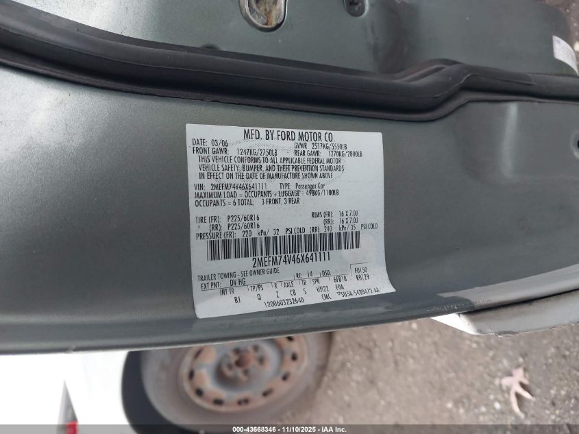 2006 Mercury Grand Marquis Gs VIN: 2MEFM74V46X641111 Lot: 43668346