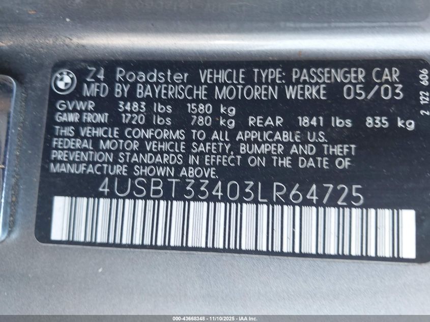 2003 BMW Z4 2.5I VIN: 4USBT33403LR64725 Lot: 43668348
