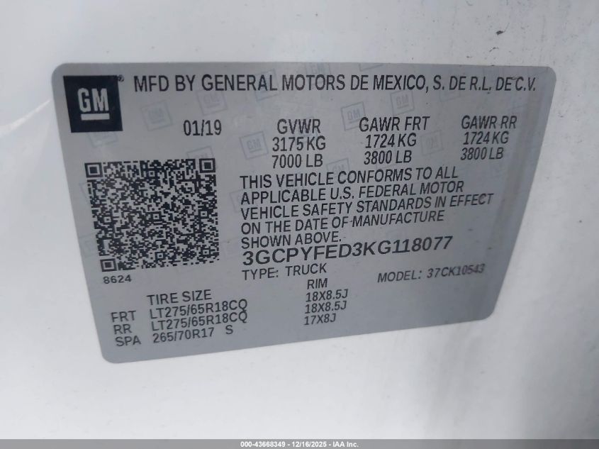 2019 Chevrolet Silverado 1500 Lt Trail Boss VIN: 3GCPYFED3KG118077 Lot: 43668349