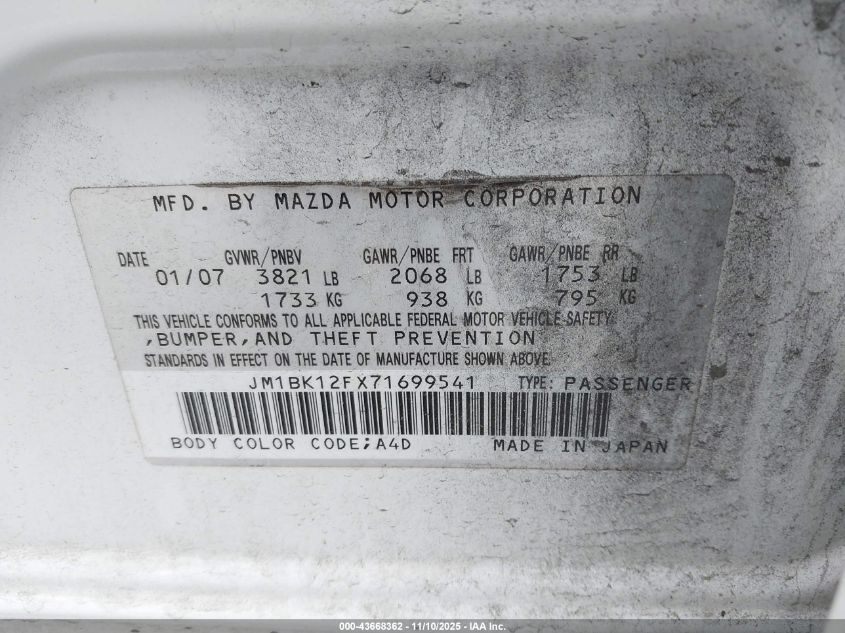 2007 Mazda Mazda3 I VIN: JM1BK12FX71699541 Lot: 43668362