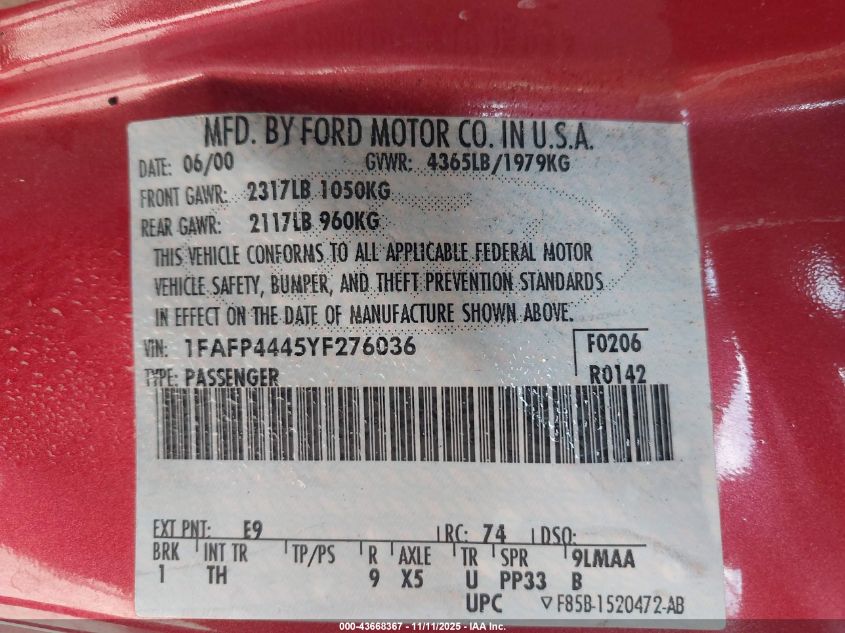 2000 Ford Mustang VIN: 1FAFP4445YF276036 Lot: 43668367
