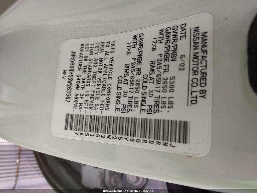 2002 Infiniti Qx4 Luxury VIN: JNRDR09Y52W263567 Lot: 43668385