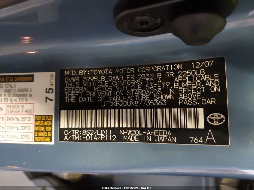 2008 Toyota Prius VIN: JTDKB20UX87735363 Lot: 43668420