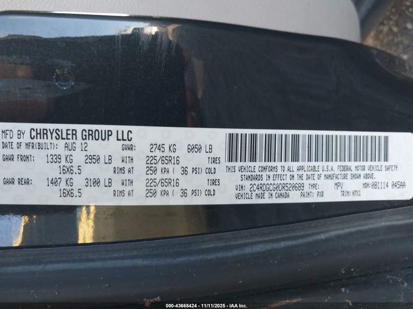 2013 Dodge Grand Caravan Sxt VIN: 2C4RDGCG0DR520689 Lot: 43668424
