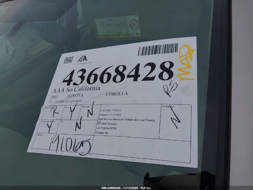 2003 Toyota Corolla Ce VIN: 1NXBR32E13Z118950 Lot: 43668428