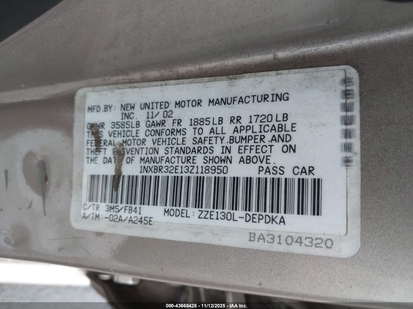 2003 Toyota Corolla Ce VIN: 1NXBR32E13Z118950 Lot: 43668428