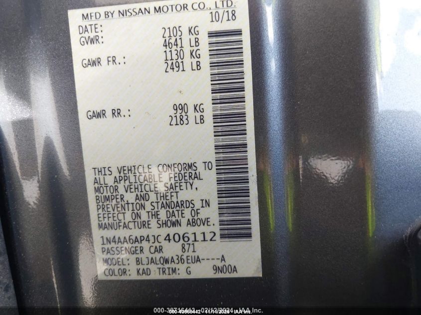 2018 Nissan Maxima 3.5 S VIN: 1N4AA6AP4JC406112 Lot: 43668442