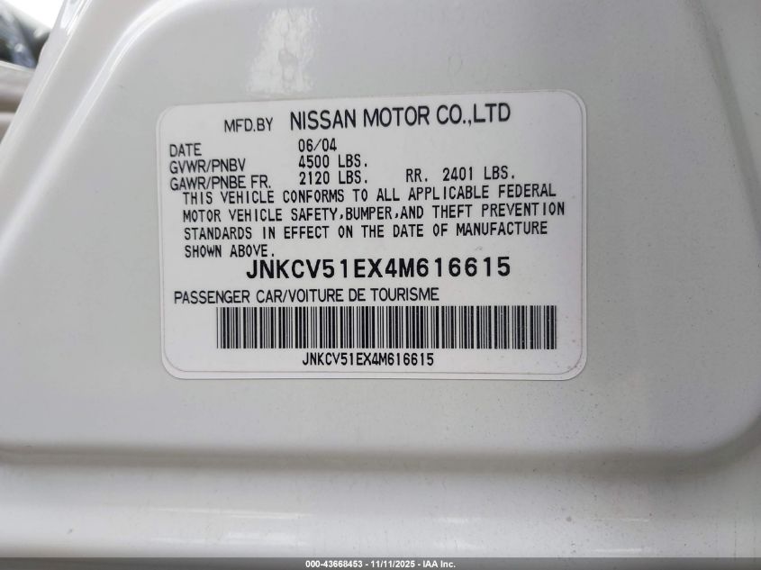 2004 Infiniti G35 VIN: JNKCV51EX4M616615 Lot: 43668453