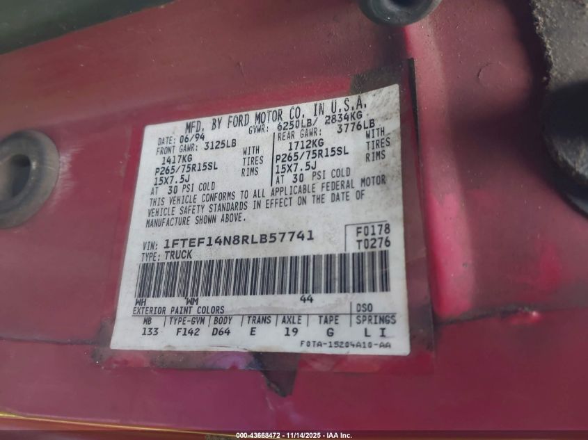 1994 Ford F150 VIN: 1FTEF14N8RLB57741 Lot: 43668472