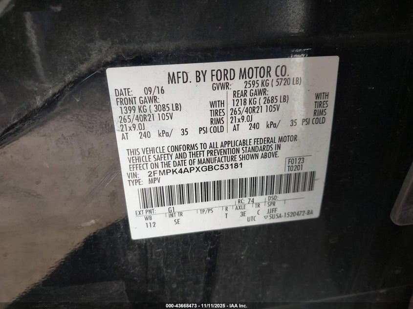 2016 FORD EDGE SPORT - 2FMPK4APXGBC53181