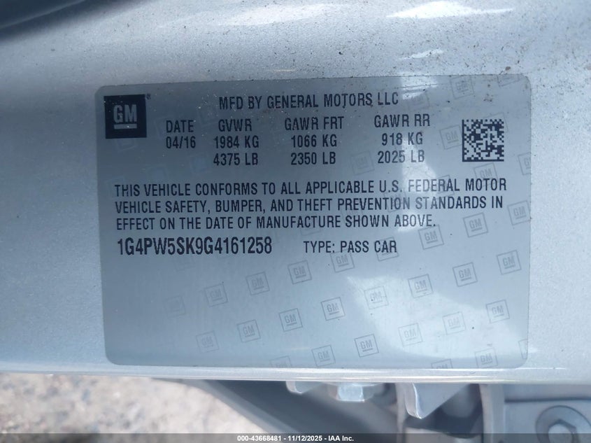 2016 Buick Verano Sport Touring Group VIN: 1G4PW5SK9G4161258 Lot: 43668481