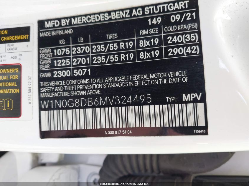 2021 Mercedes-Benz Glc 300 Suv VIN: W1N0G8DB6MV324495 Lot: 43668506