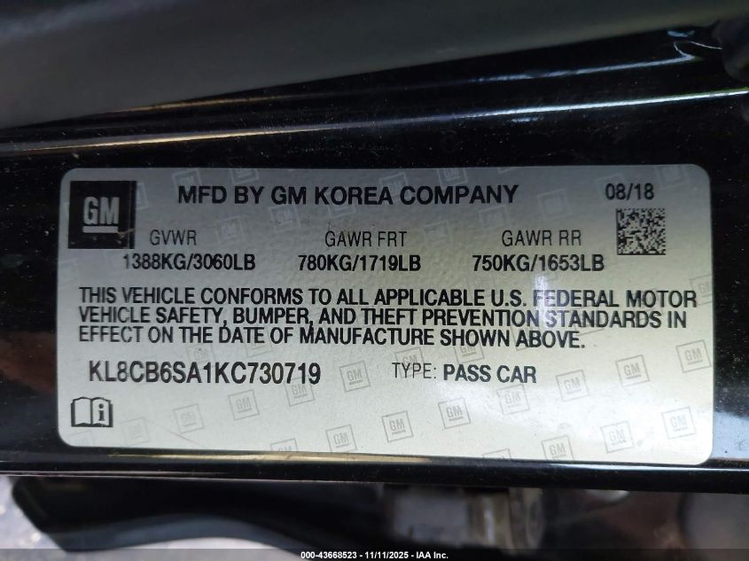 2019 Chevrolet Spark Ls Cvt VIN: KL8CB6SA1KC730719 Lot: 43668523