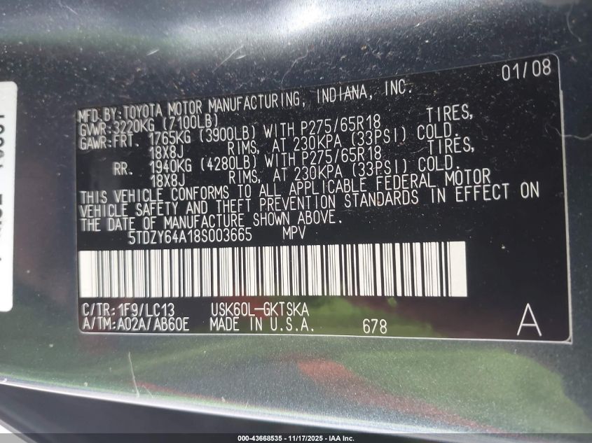 2008 Toyota Sequoia Sr5 5.7L V8 VIN: 5TDZY64A18S003665 Lot: 43668535