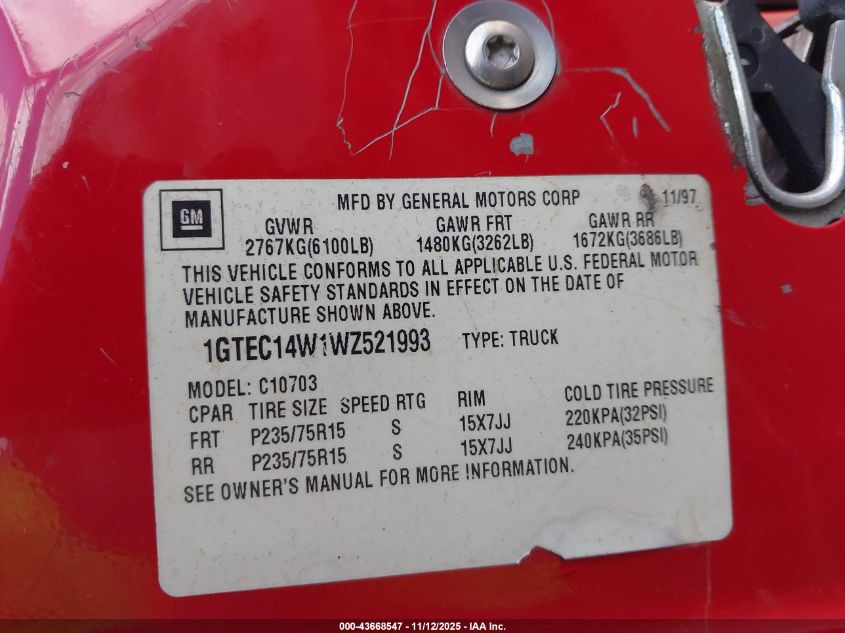 1998 GMC Sierra 1500 Sl Sportside VIN: 1GTEC14W1WZ521993 Lot: 43668547