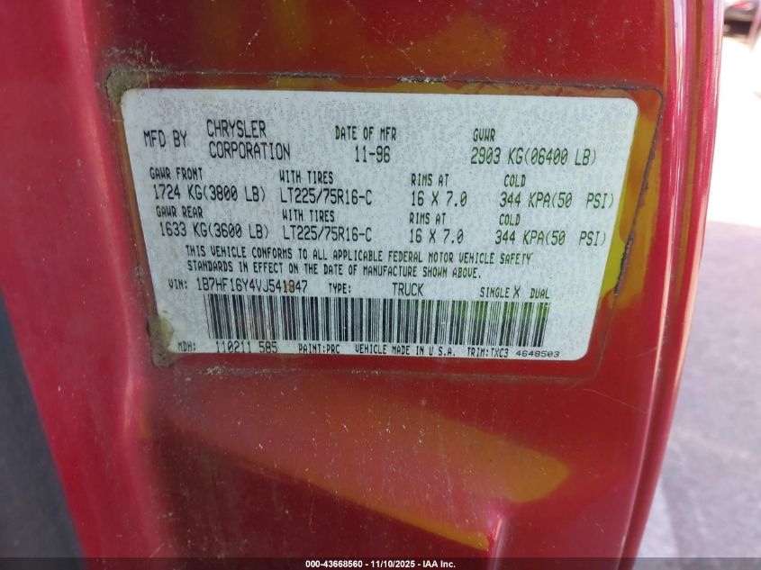 1997 Dodge Ram 1500 Lt VIN: 1B7HF16Y4VJ541347 Lot: 43668560