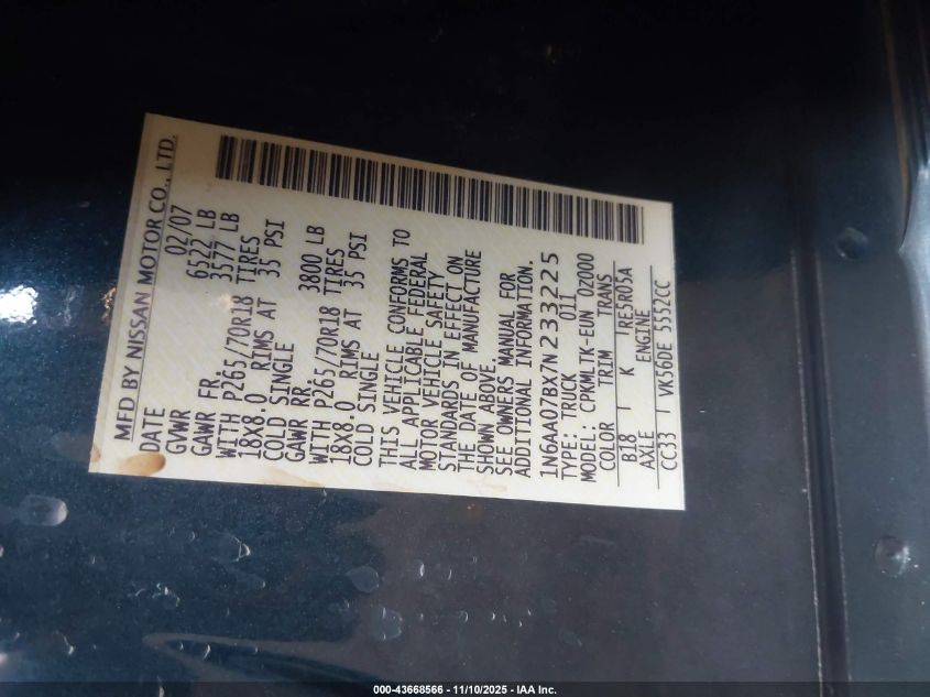 2007 Nissan Titan Se VIN: 1N6AA07BX7N233225 Lot: 43668566