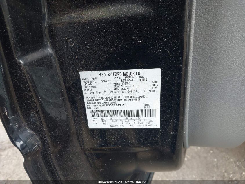 2008 Ford F-150 60Th Anniversary/Xl/Xlt VIN: 1FTRW14W38FA43315 Lot: 43668591