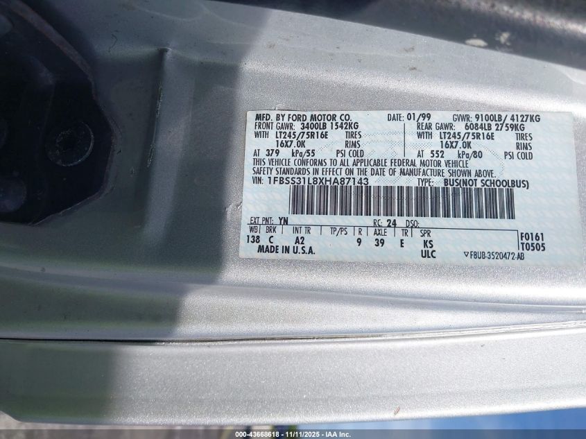 1999 Ford E-350 Super Duty Xl/Xlt VIN: 1FBSS31L8XHA87143 Lot: 43668618