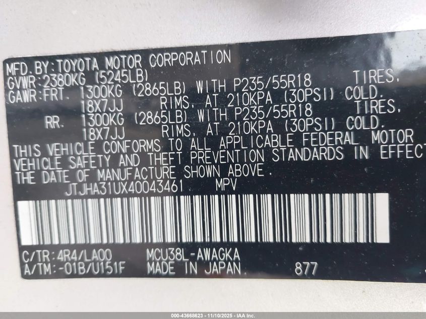 2004 Lexus Rx 330 VIN: JTJHA31UX40043461 Lot: 43668623