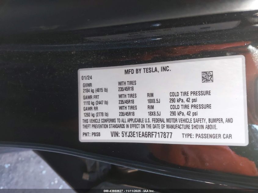 2024 Tesla Model 3 Long Range Dual Motor All-Wheel Drive/Rear-Wheel Drive VIN: 5YJ3E1EA6RF717877 Lot: 43668627