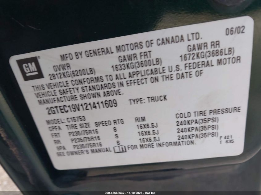 2002 GMC Sierra 1500 Standard VIN: 2GTEC19V121411609 Lot: 43668632