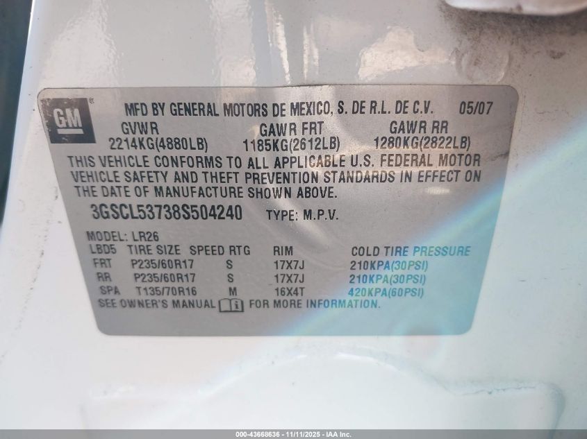 2008 Saturn Vue V6 Xr VIN: 3GSCL53738S504240 Lot: 43668636