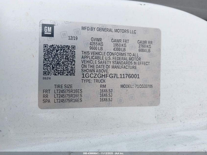 2020 Chevrolet Express Cargo Rwd 3500 Extended Wheelbase Wt VIN: 1GCZGHFG7L1176001 Lot: 43668641