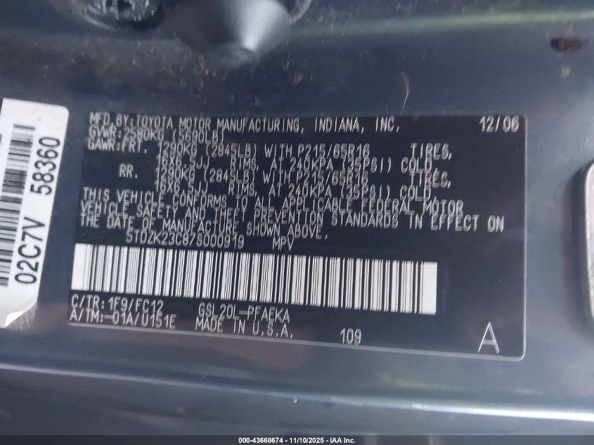 2007 Toyota Sienna Le VIN: 5TDZK23C87S000919 Lot: 43668674